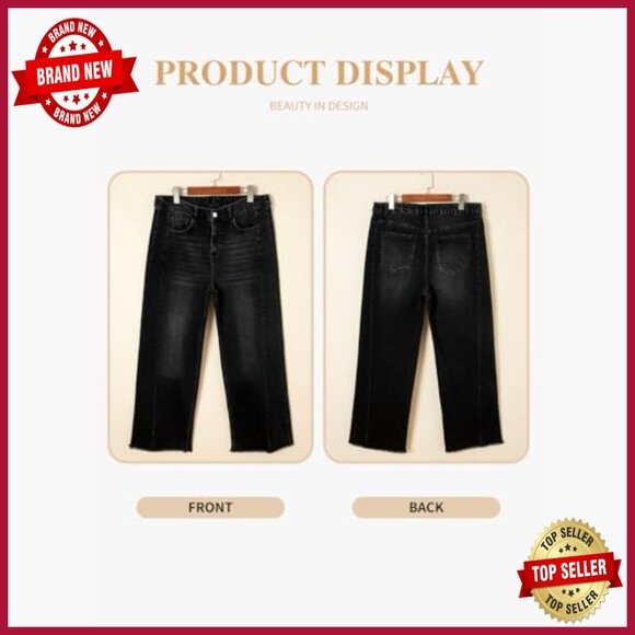Plus Size Wide Leg Jeans Elastic High Waist Stretchy Raw Hem Denim Pants - Picture 4 of 7